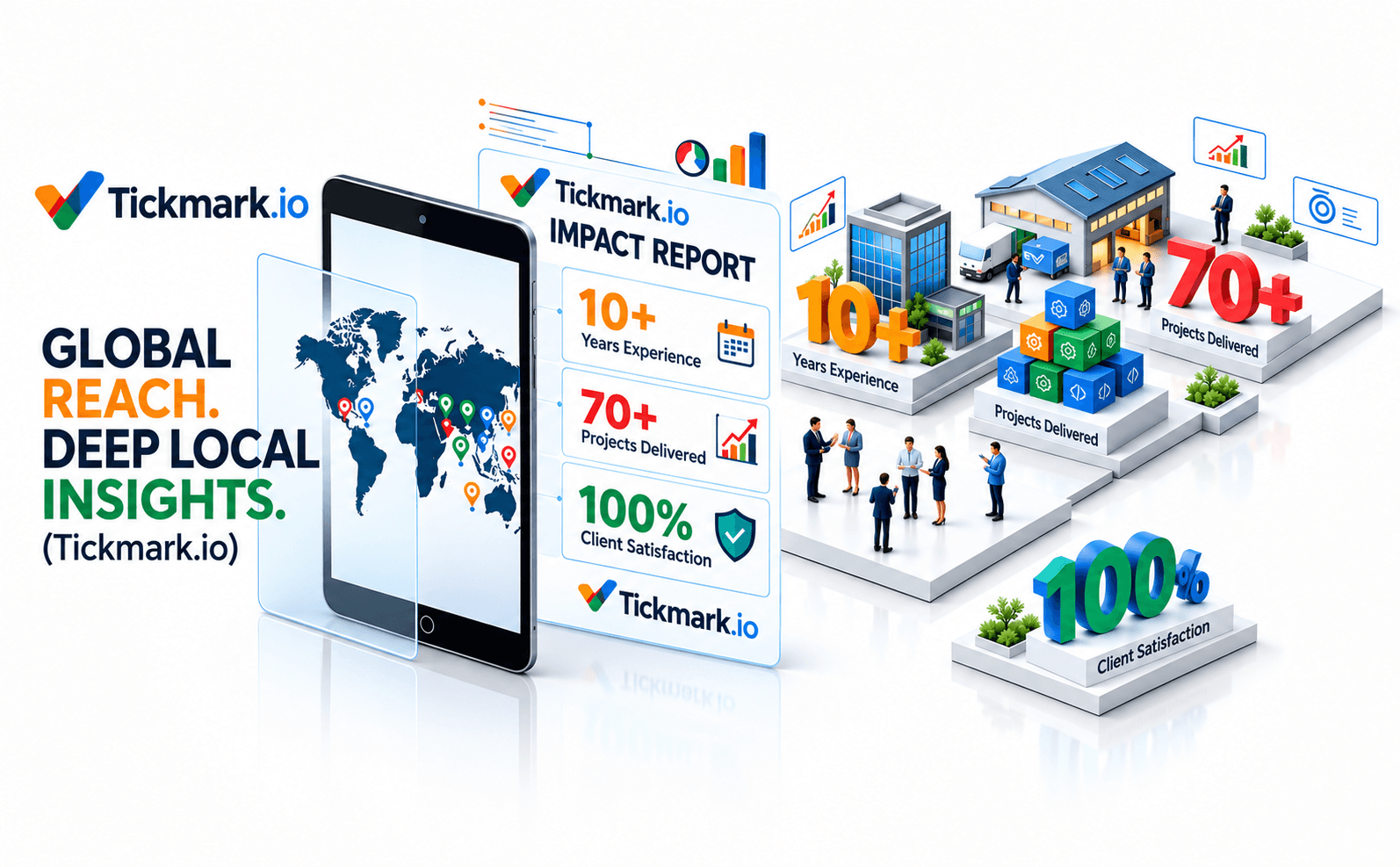 TickMark.io Impact Report & Global Reach - 10+ Years Experience, 70+ Projects Delivered, 100% Client Satisfaction